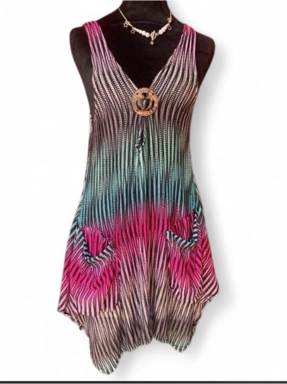 Psychedelic Boho Resort Wear Multi-colored Striped Asymmetrical Mini Swim Cover